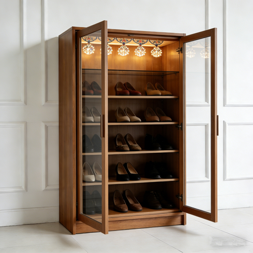 GlowEntry Illuminated Shoe Cabinet: The Wooden Glass-Front Shoe Storage