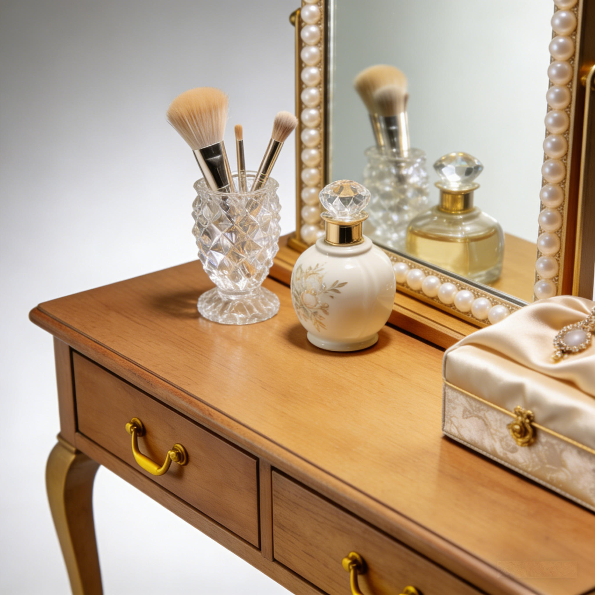 PearlLuxe Vanity Table: The Vintage Pearl-Trimmed Wooden Dressing Table