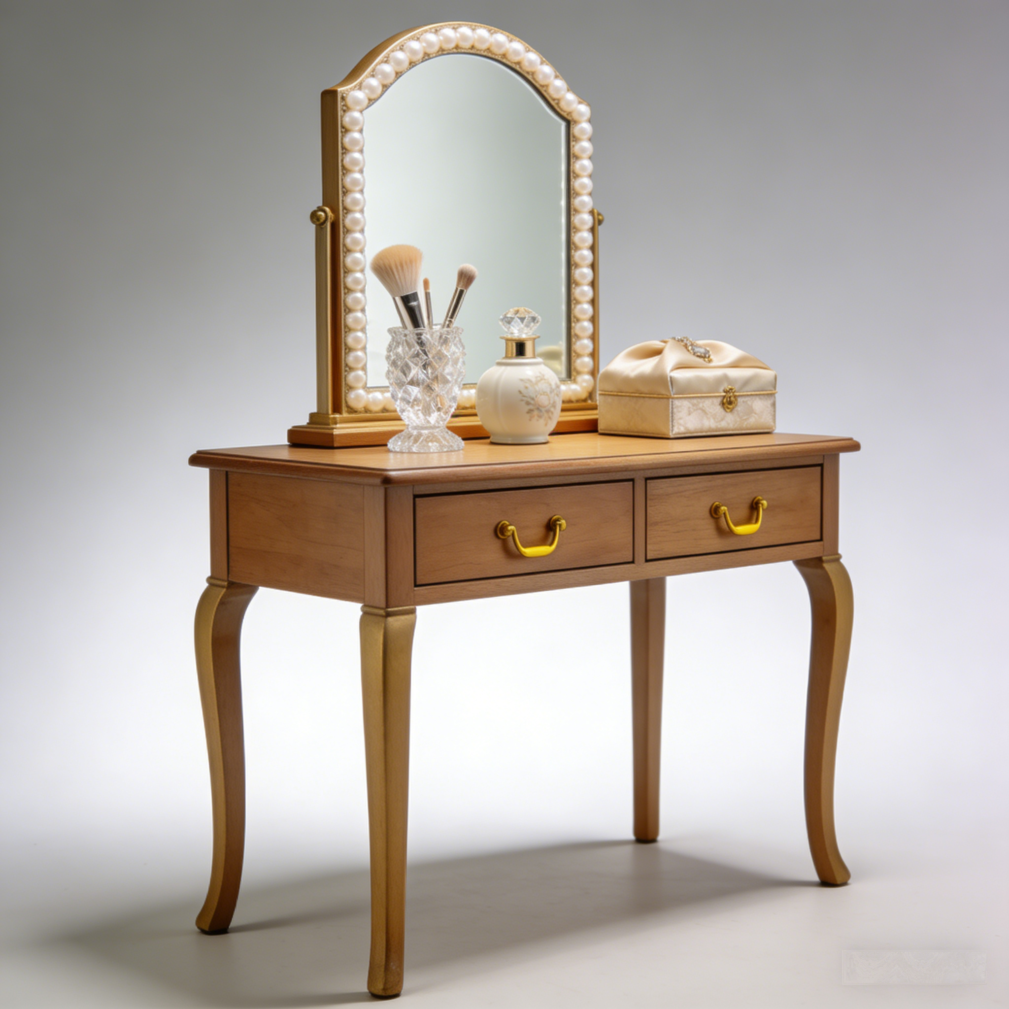 PearlLuxe Vanity Table: The Vintage Pearl-Trimmed Wooden Dressing Table