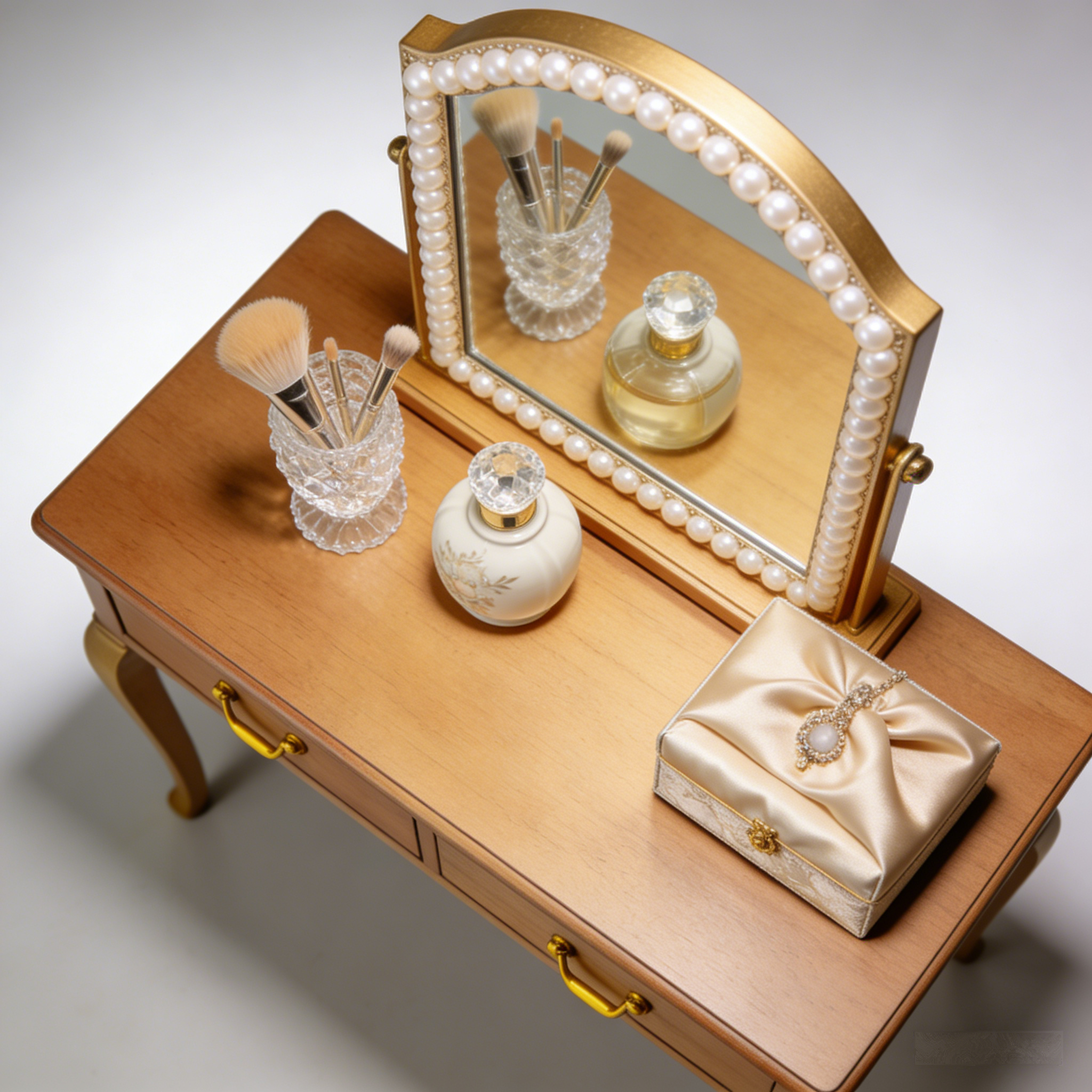 PearlLuxe Vanity Table: The Vintage Pearl-Trimmed Wooden Dressing Table