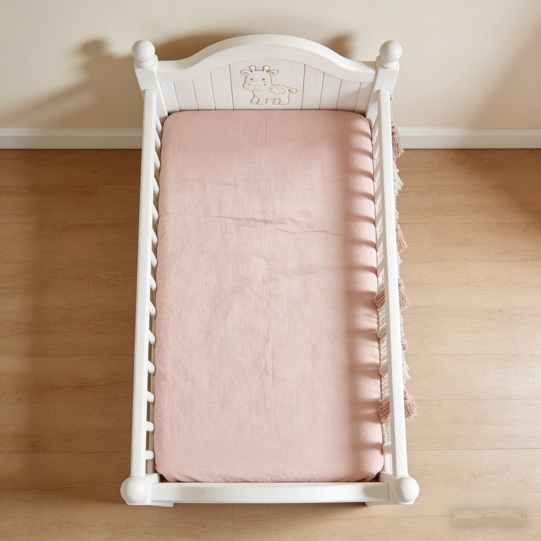 GiraffeHaven Toddler Bed: The Carved White Wood Kids’ Bed with Macramé Accents