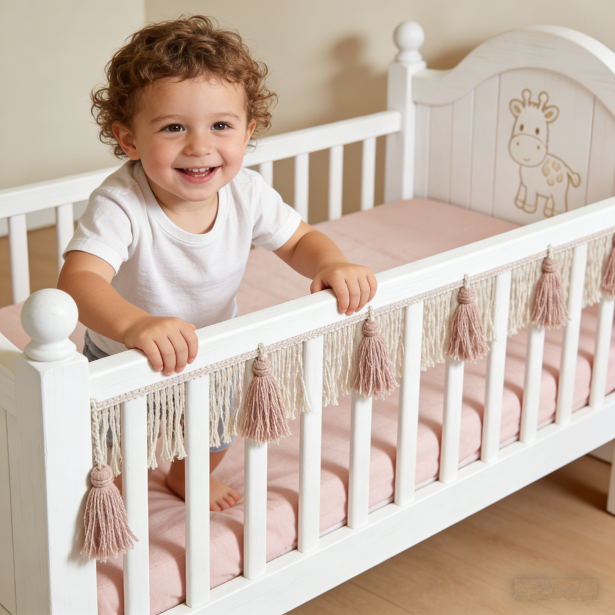 GiraffeHaven Toddler Bed: The Carved White Wood Kids’ Bed with Macramé Accents