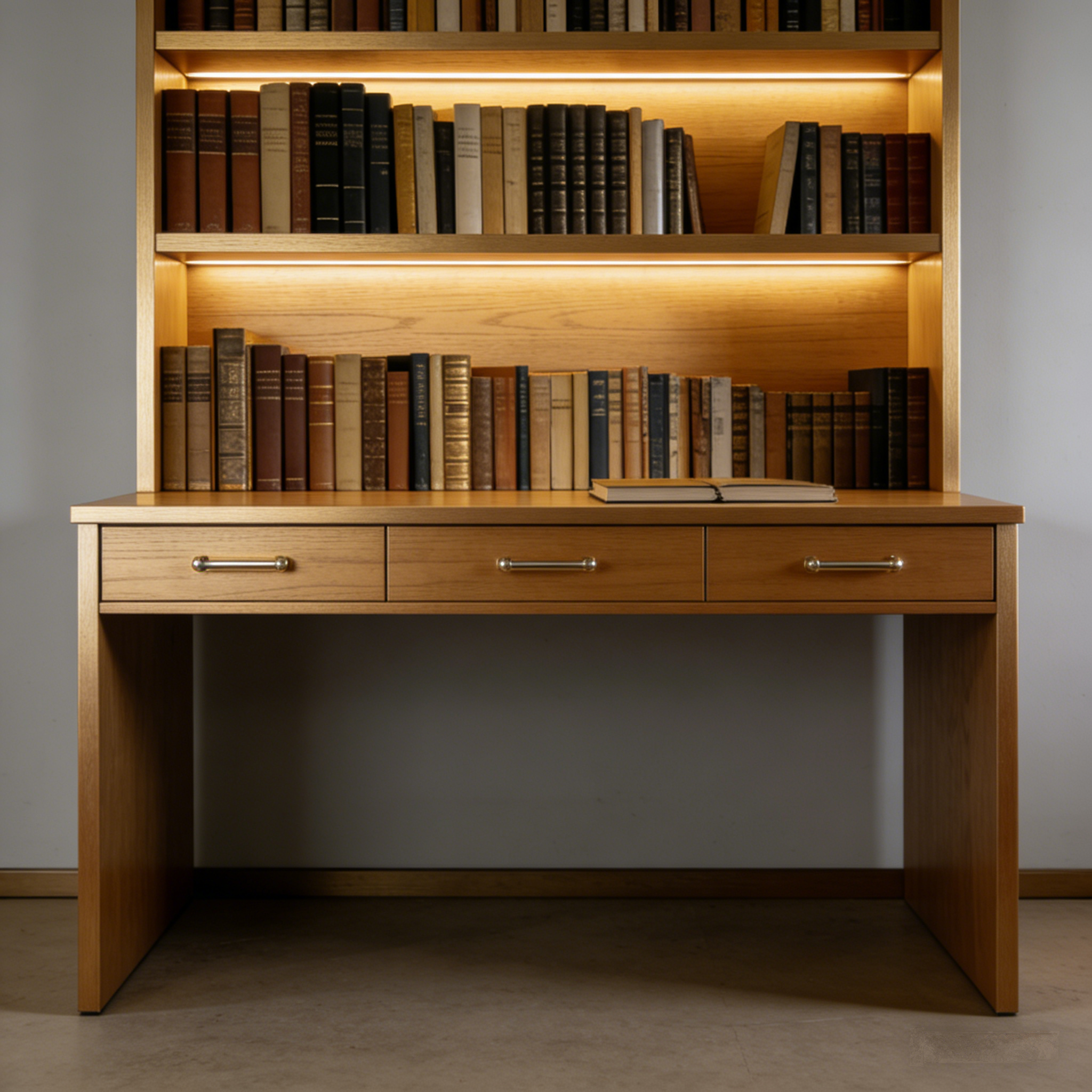 OakNest Library Desk: The Illuminated Solid Oak Bookshelf Desk
