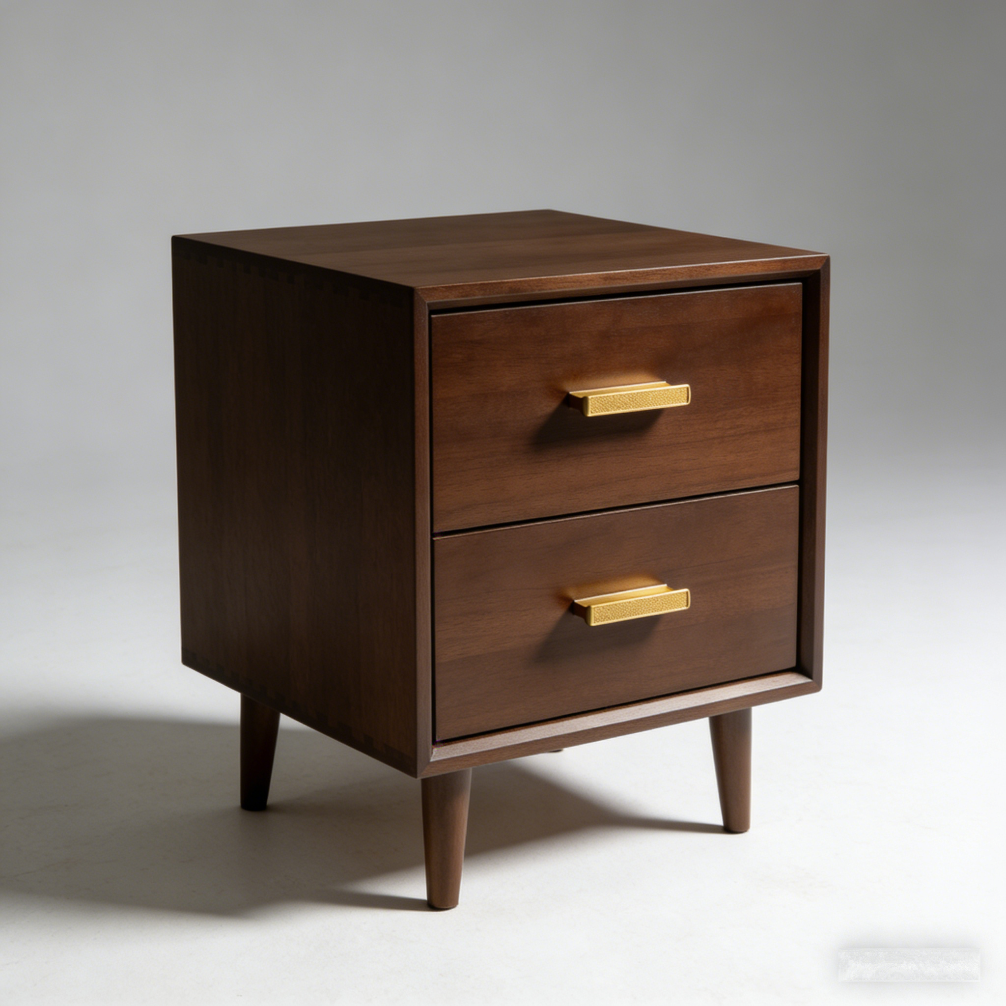 MidCentury Walnut Nightstand: The Dark Wood & Gold Accent Bedside Table