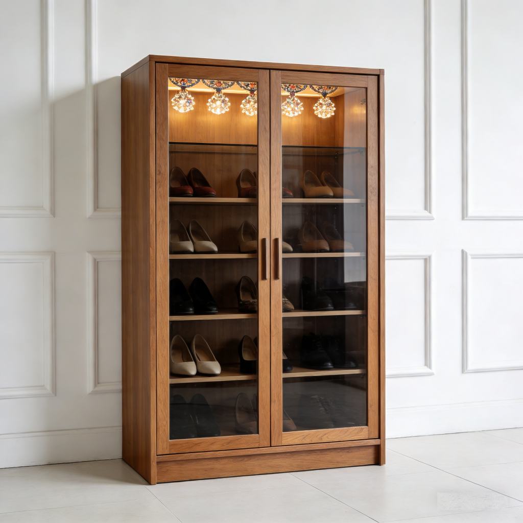 GlowEntry Illuminated Shoe Cabinet: The Wooden Glass-Front Shoe Storage