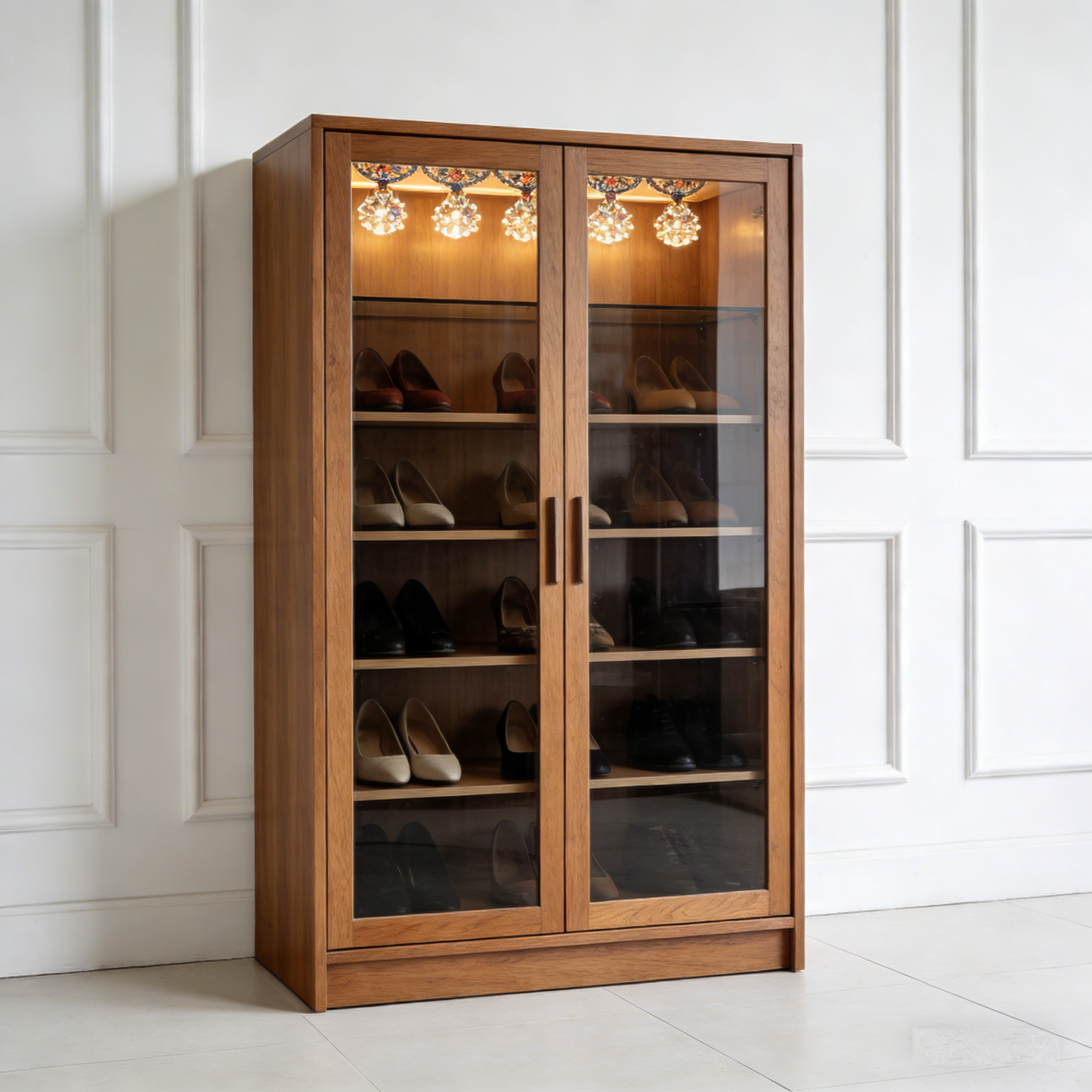 GlowEntry Illuminated Shoe Cabinet: The Wooden Glass-Front Shoe Storage
