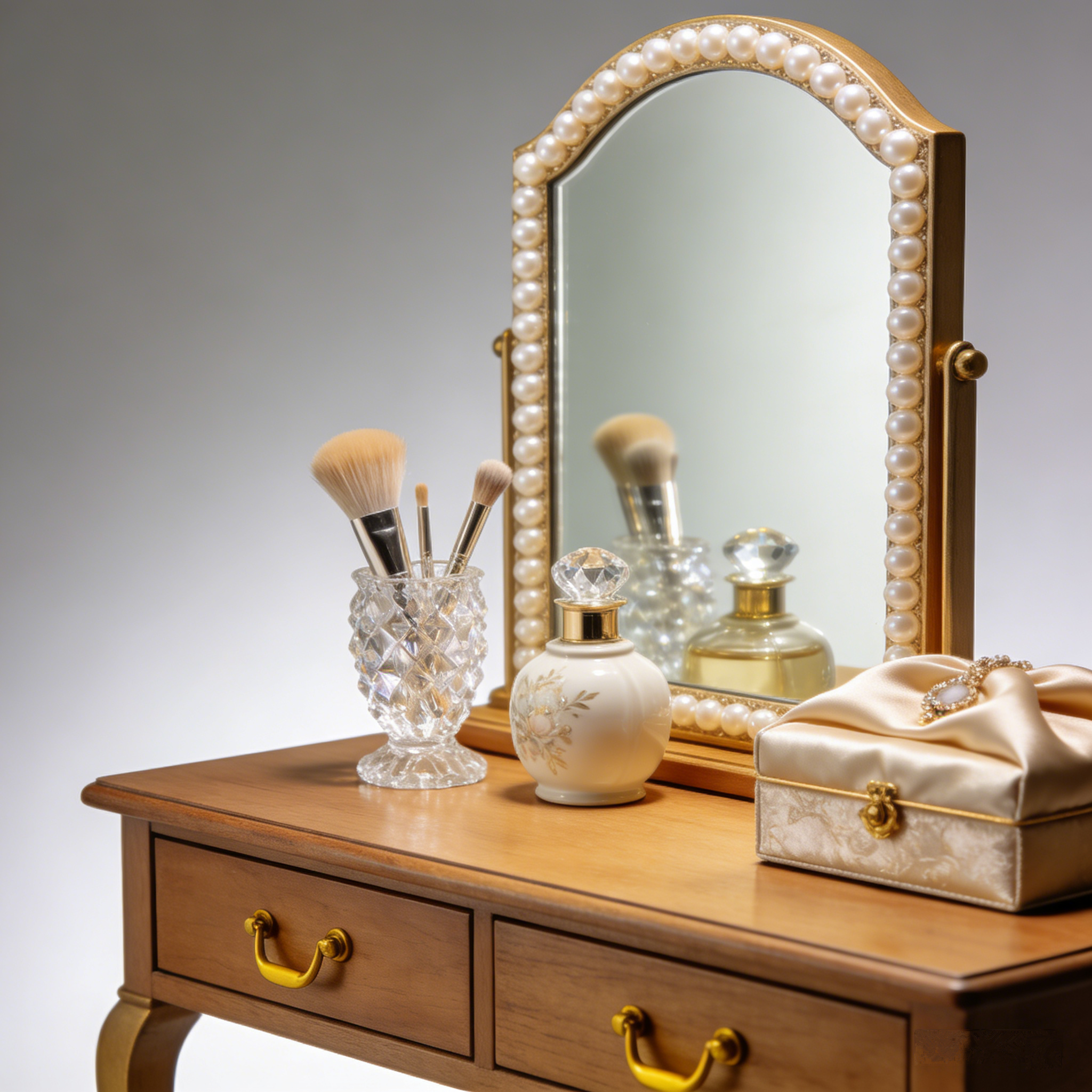 PearlLuxe Vanity Table: The Vintage Pearl-Trimmed Wooden Dressing Table