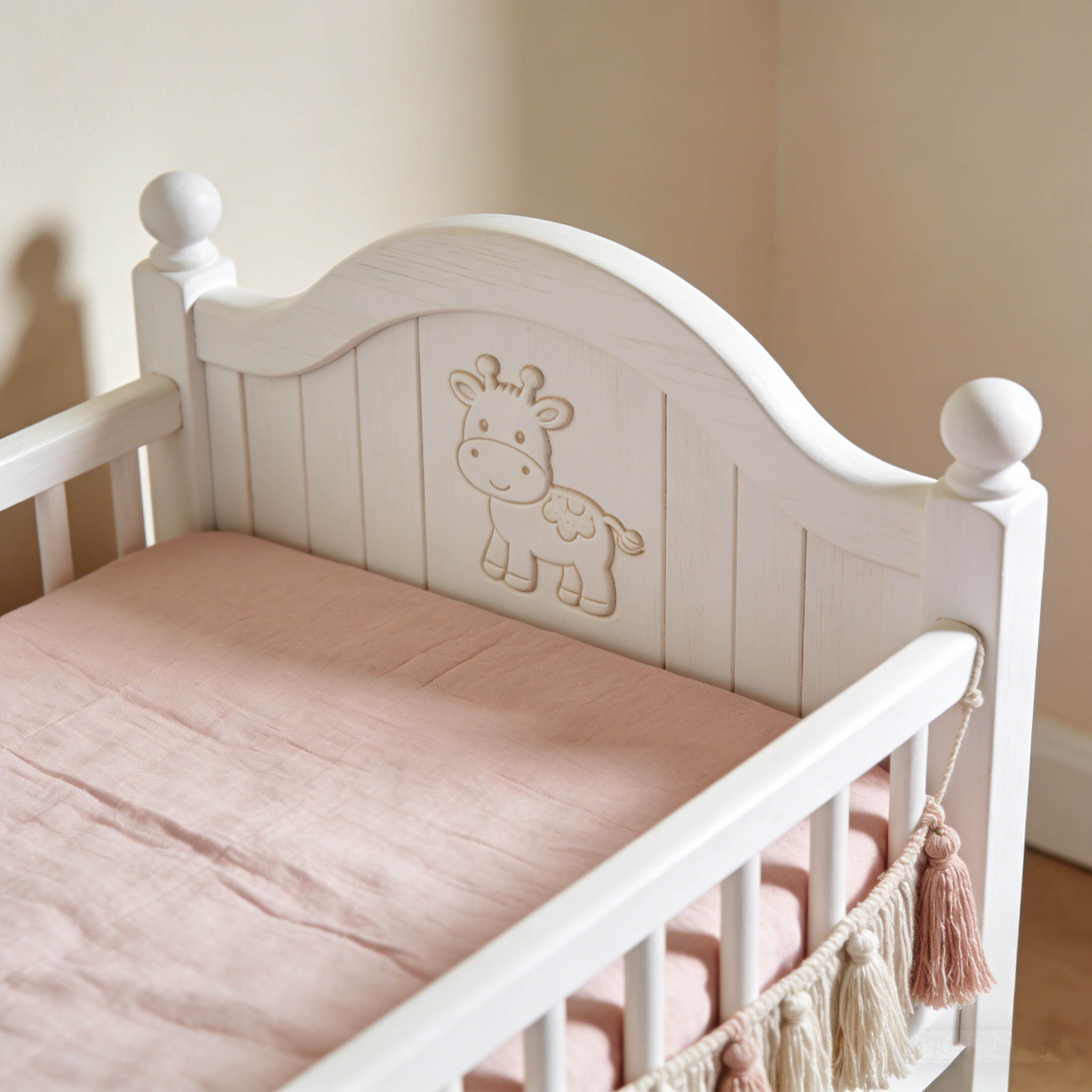 GiraffeHaven Toddler Bed: The Carved White Wood Kids’ Bed with Macramé Accents