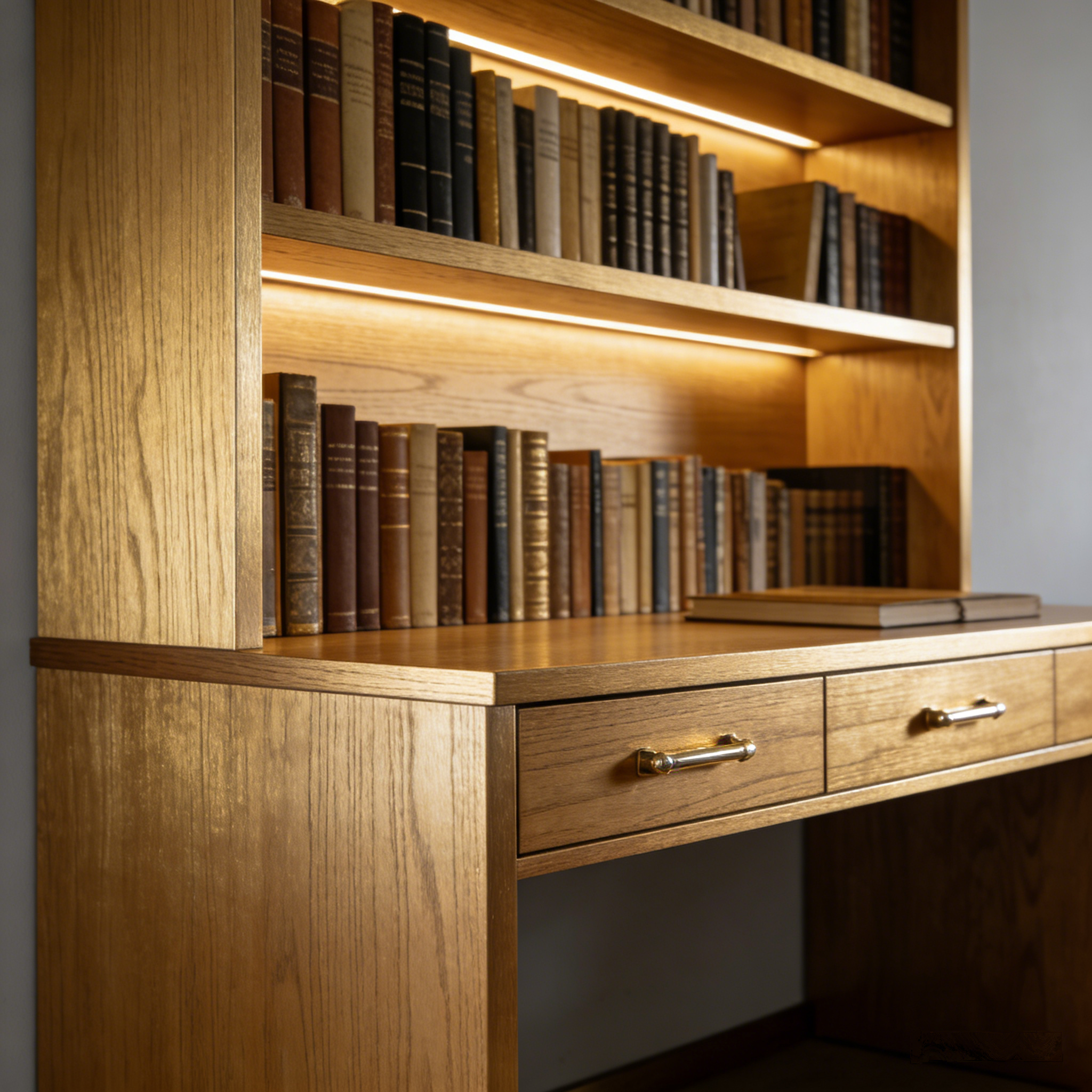 OakNest Library Desk: The Illuminated Solid Oak Bookshelf Desk